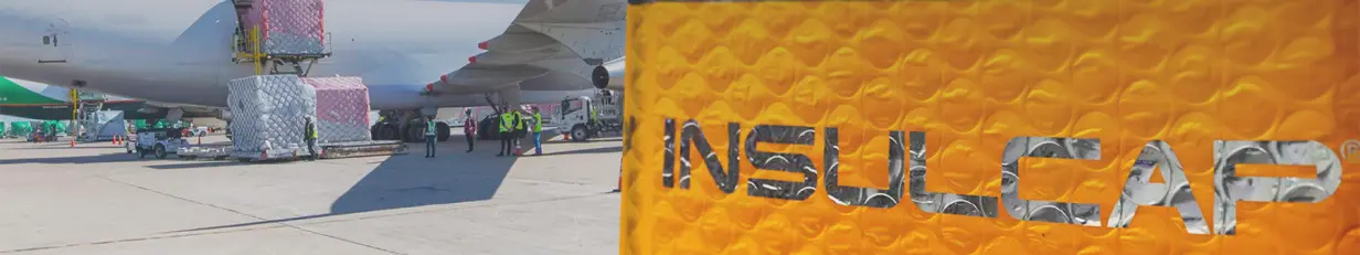 Air cargo loading with an InsulCap thermal insulation overlay.