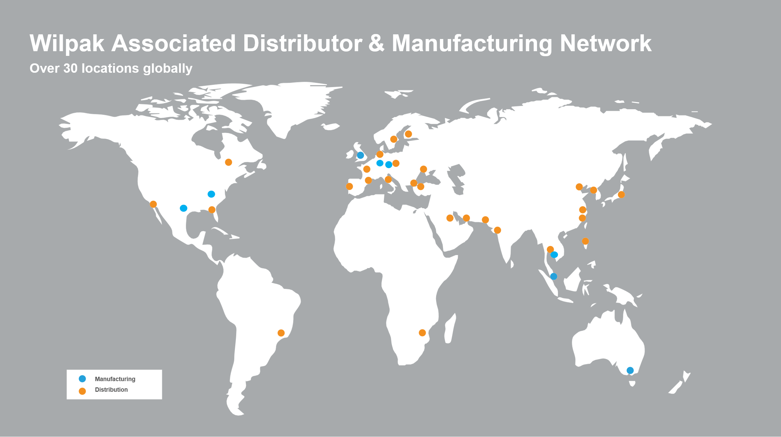 World map showing over 30 Wilpak distributor and factory locations.